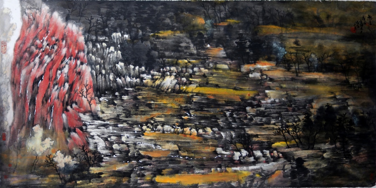 《無(wú)言夜石》137x67，彩墨，皮紙，2014年