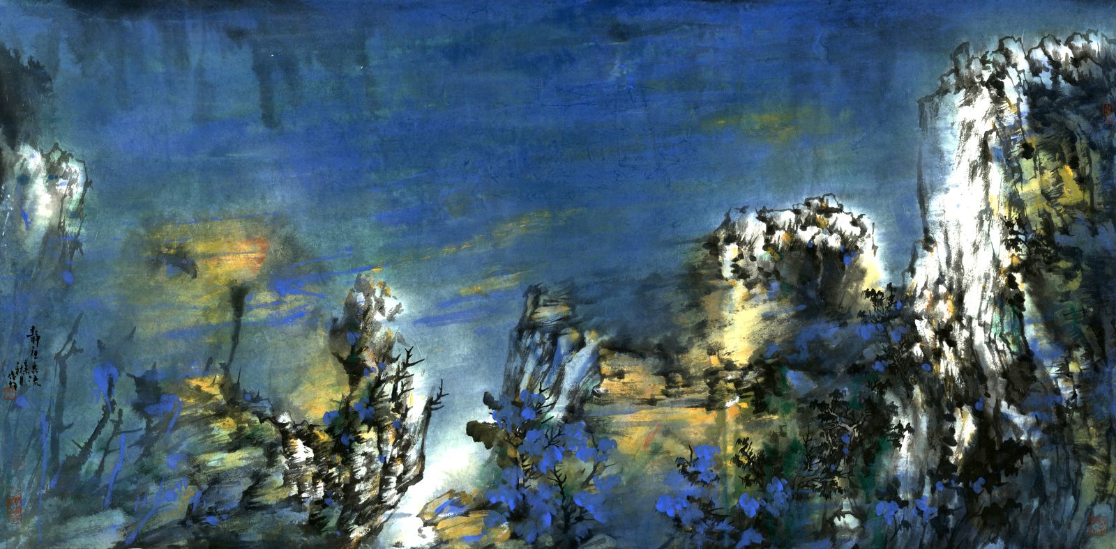 《靜夜泉流》140cm x 70cm、皮紙、彩墨、2015年