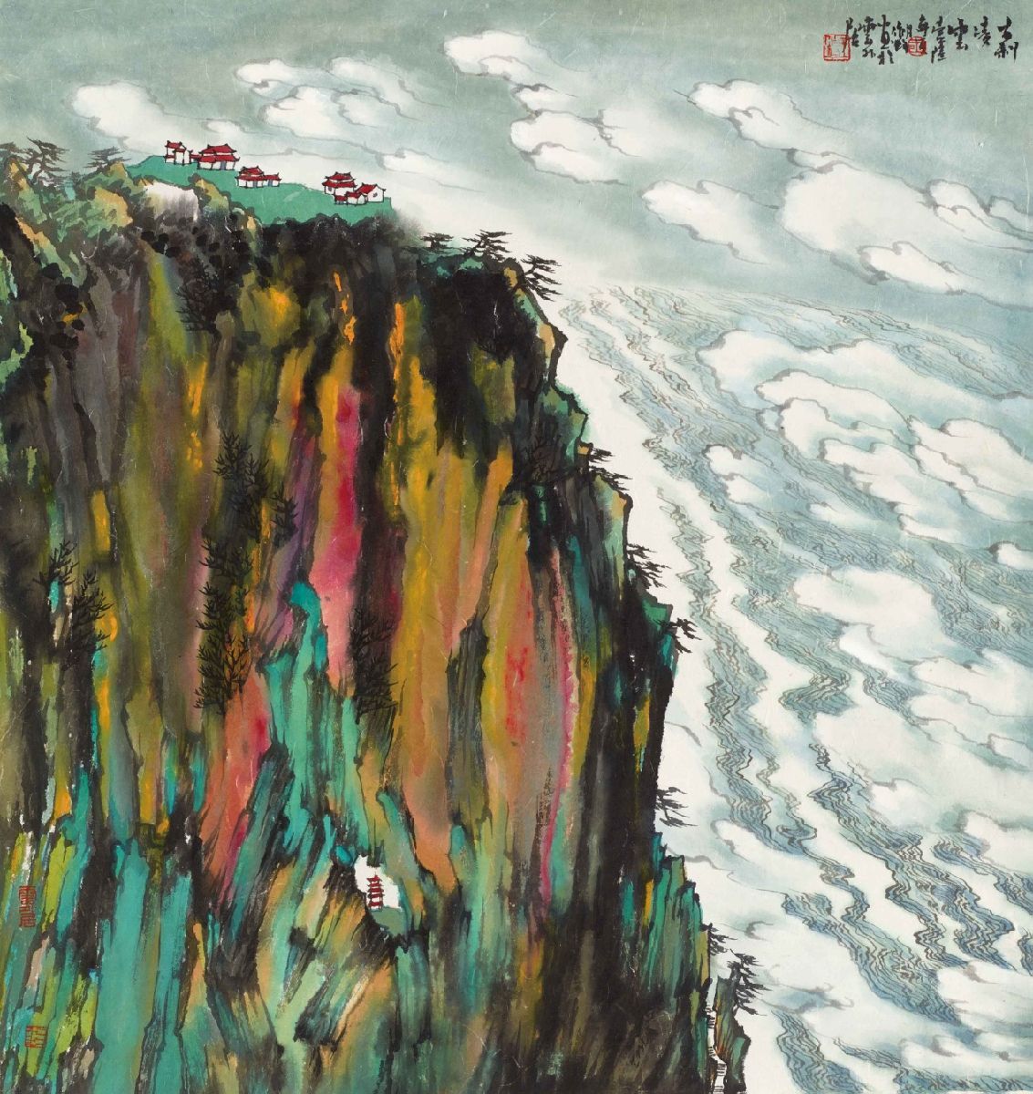 《古剎凌云》60cm x 57cm、皮紙、彩、墨、2016年