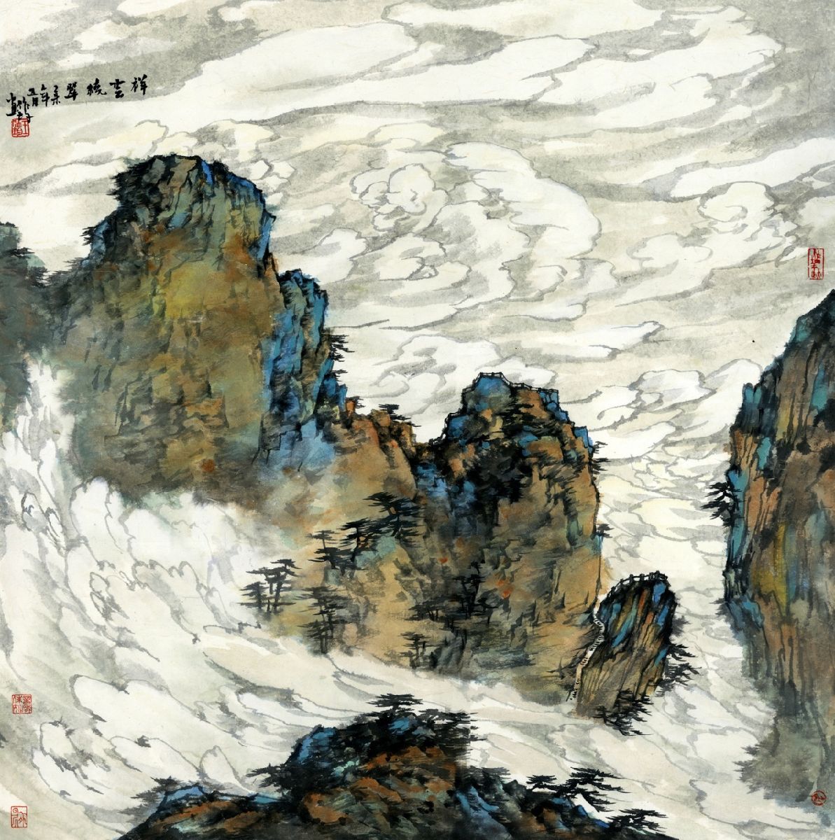 《祥云繞翠》69cm x 69cm、皮紙、彩墨、2015年